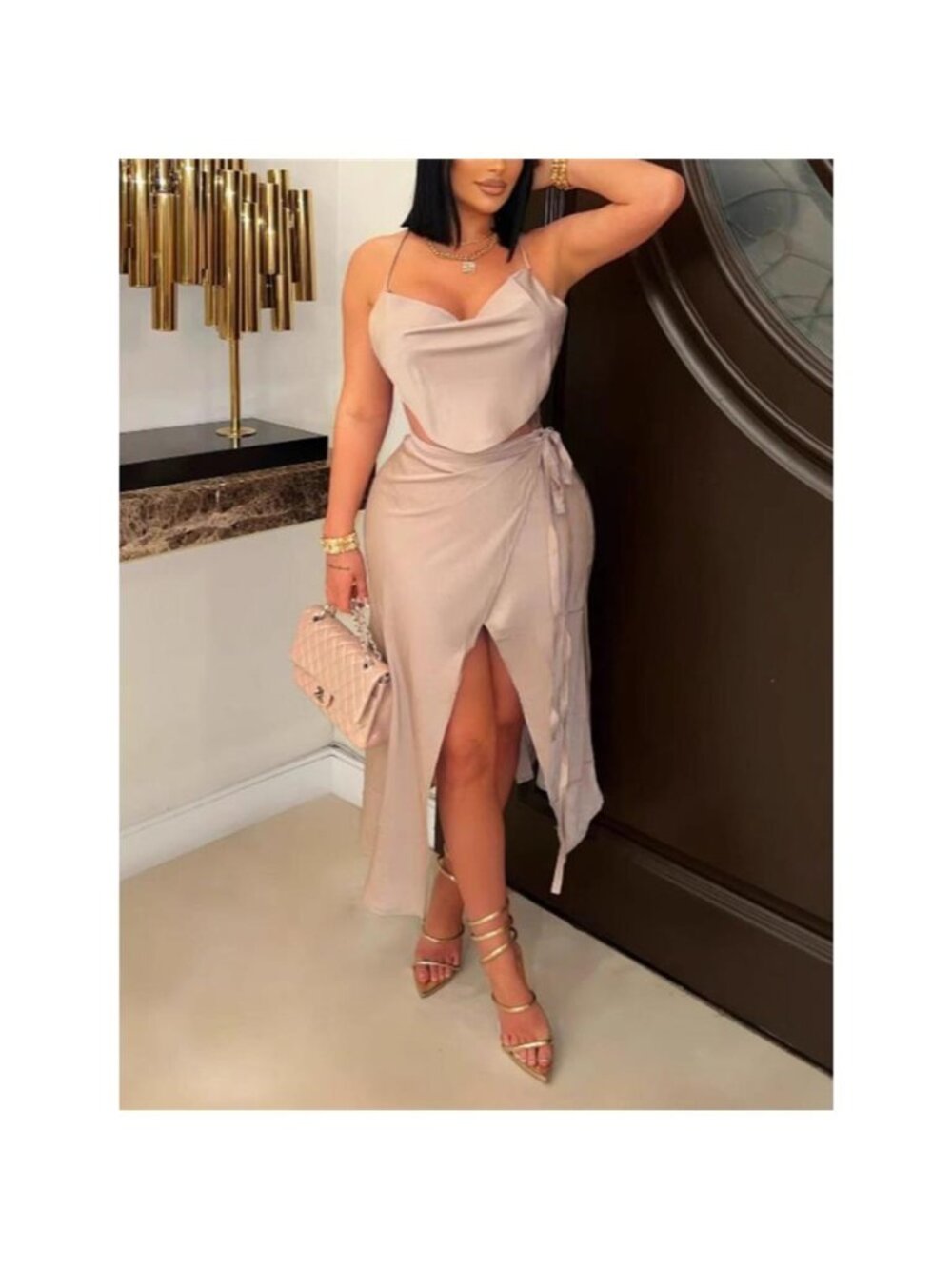 Satin Halter Neck Crop Top and Wrap Skirt Set